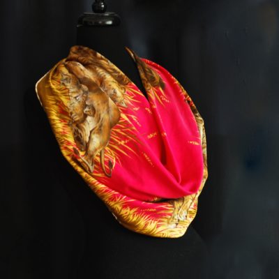 Luxury Silk Scarf In Deep Pink & Harvest Gold Featuring Lions & Cubs - Unsigned