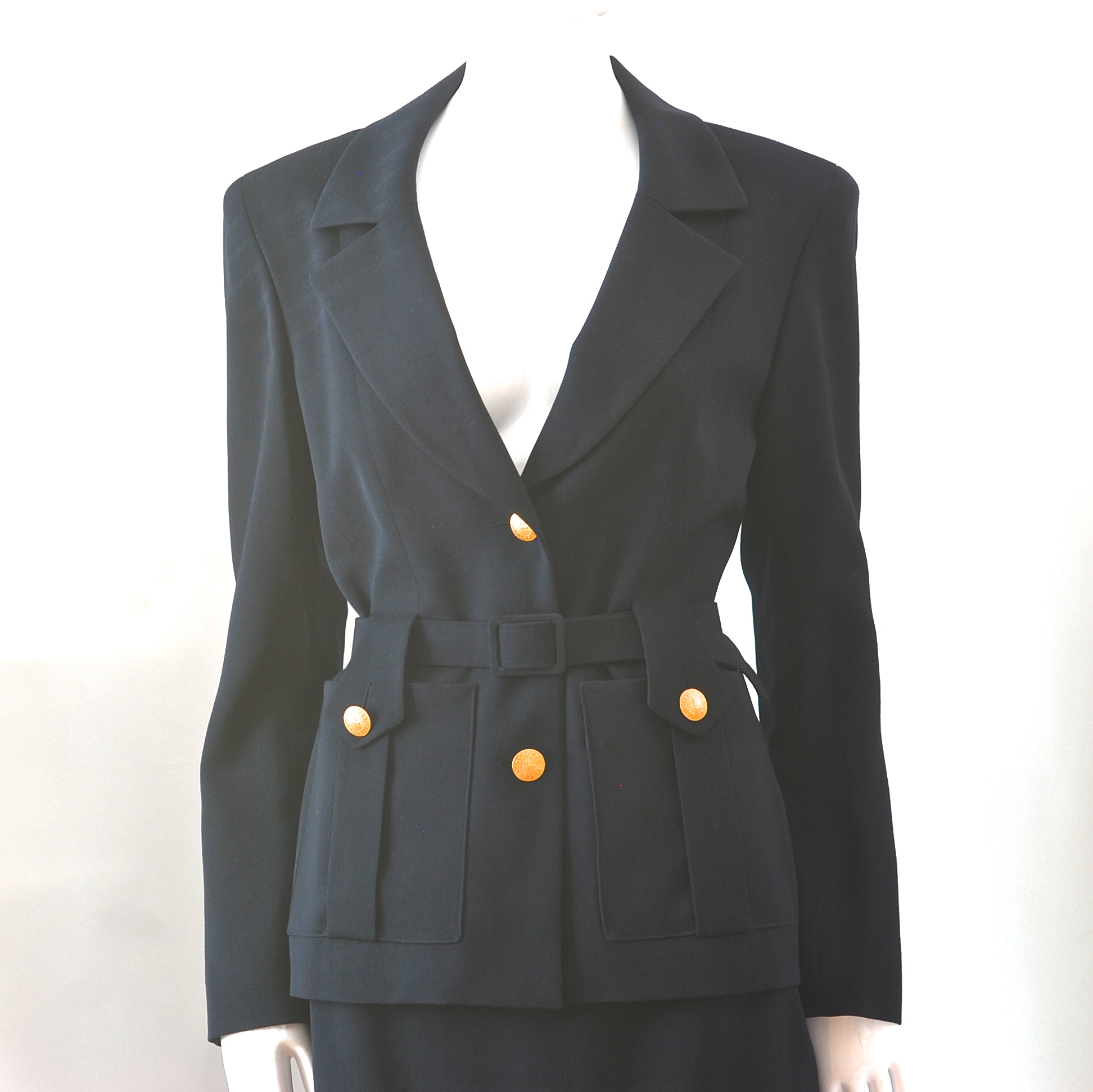 Electre Paris 1990’s Wool Suit With Belted Waist & Signature Buttons On ...