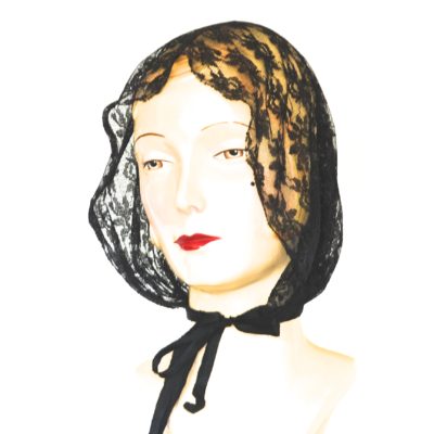 1930's Soft Black Lace Snood With Cotton Ribbon Tie - No Labels