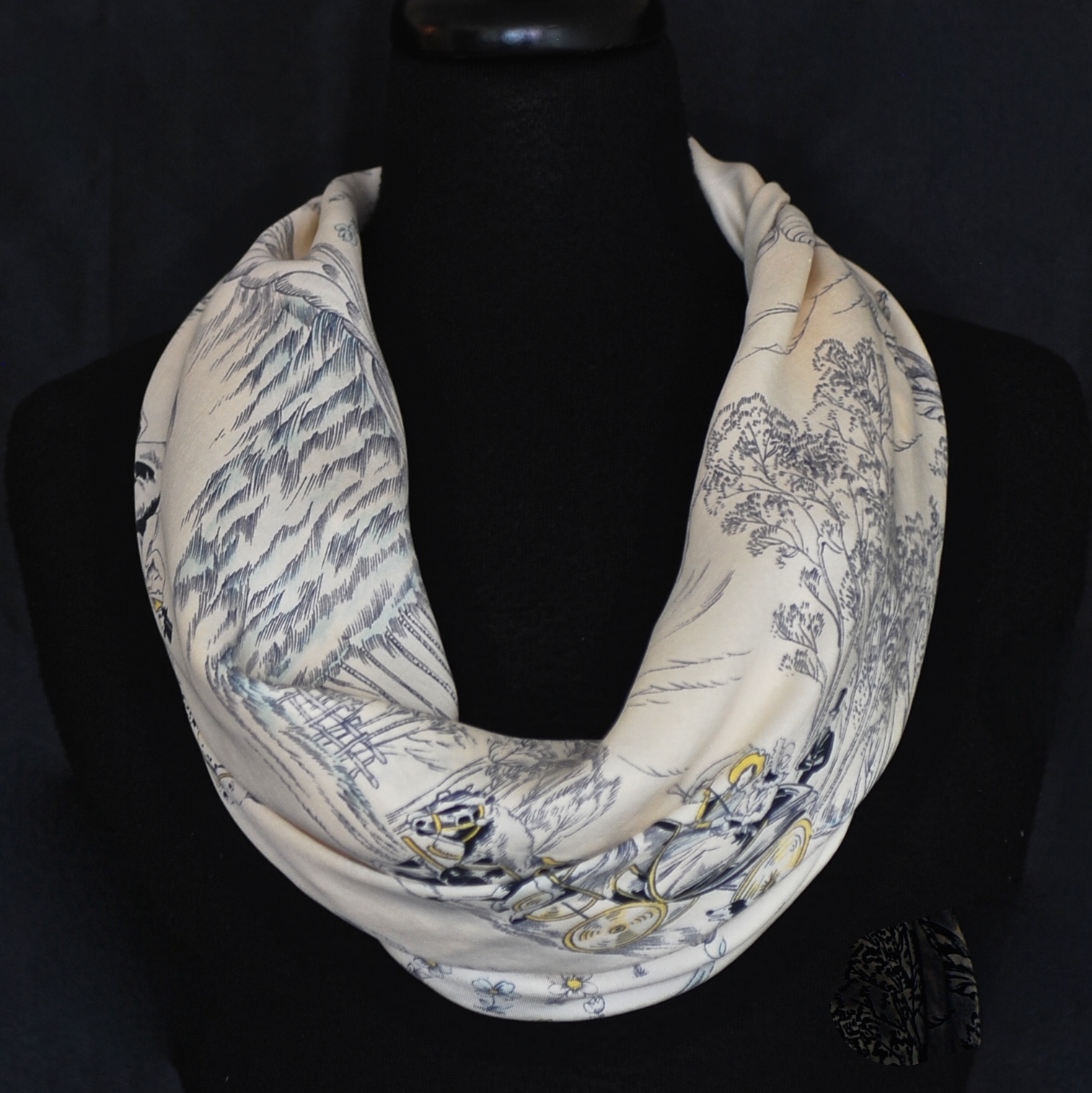 1920’s Foulard Silk Scarf With Horse & Carriage Scene & Hand Rolled Hem ...
