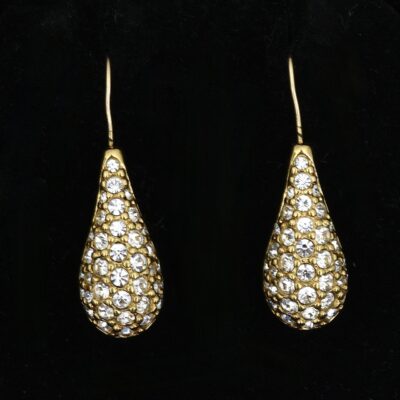 Swarovski Earrings In Dotted Gold Tone Metal With Clear Swarovski Crystals - Swan Symbol
