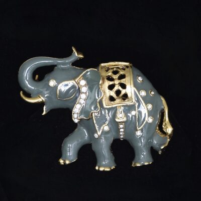 Teal Green Enamel & Brass Rhinestone Encrusted Elephant Pendant Or Pin - Unsigned