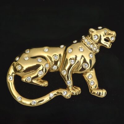 Ferocious Leopard Pin In Gold Tone Metal With Clear Crystal Spots - Unsigned