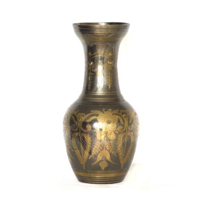 Solid Brass 12" High Vase With Decorative Lacquered Floral Themed Inlay - India