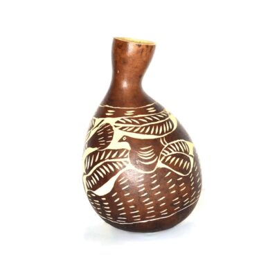 Hand Crafted Vintage Coconut Vase With An Etched Bird Design