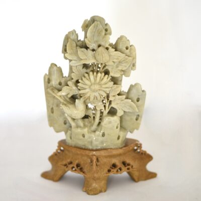 Chinese Sage Coloured Soapstone Carving Featuring Birds & Flowers