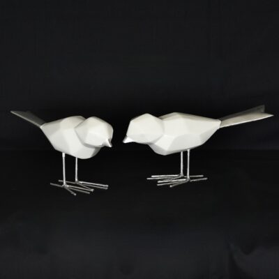 Pair Of Hand Painted Solid Metal Silver & White Birds In An Origami Shape
