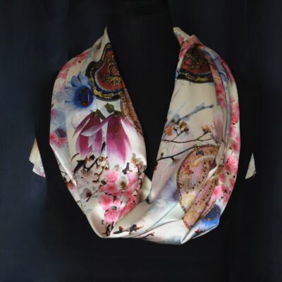 Large 26" x 62" Silk Scarf Or Wrap Featuring Cherry Blossoms, Circles & Flowers
