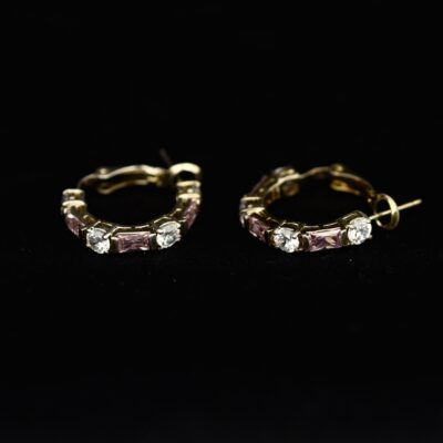 Sterling Silver Small Hoop Earrings With Pink & Clear Stones - 925