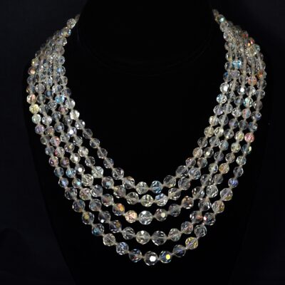 1950's Dazzling Aurora Borealis Five Strand Faceted Crystal Bead Necklace