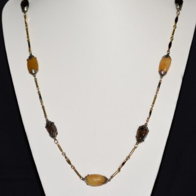 Gold Tone Metal Necklace Featuring Nephrite & Smoky Quartz Stones
